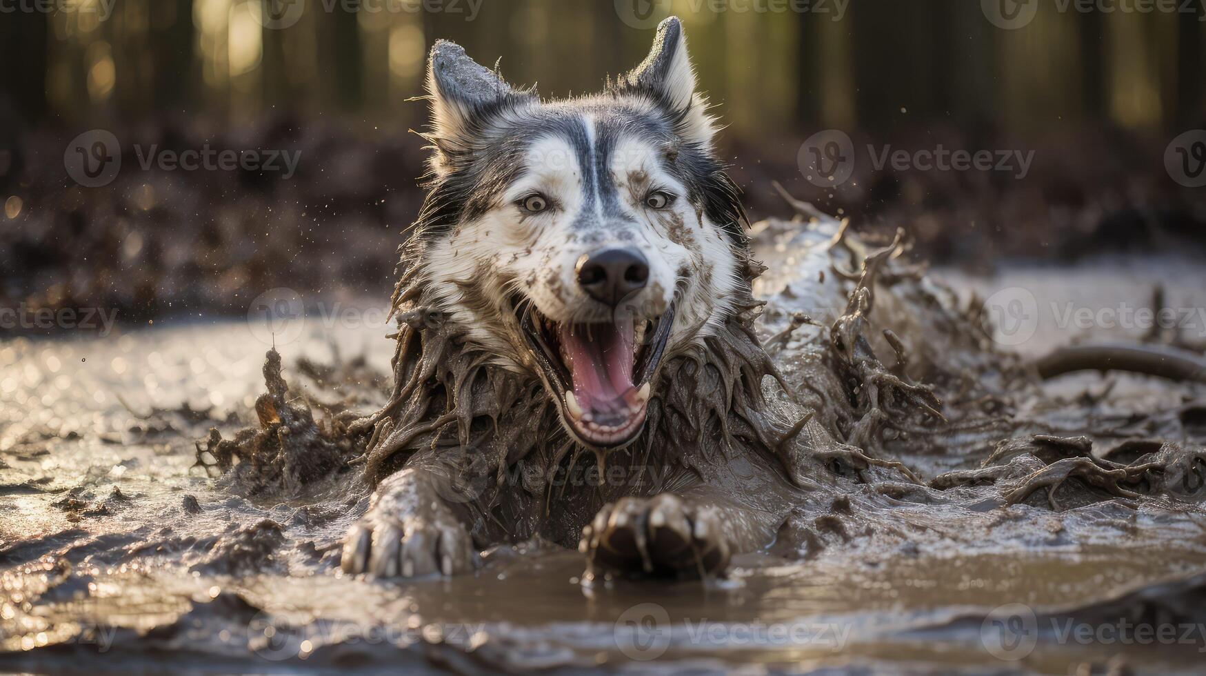 puddle dog playing in water photo