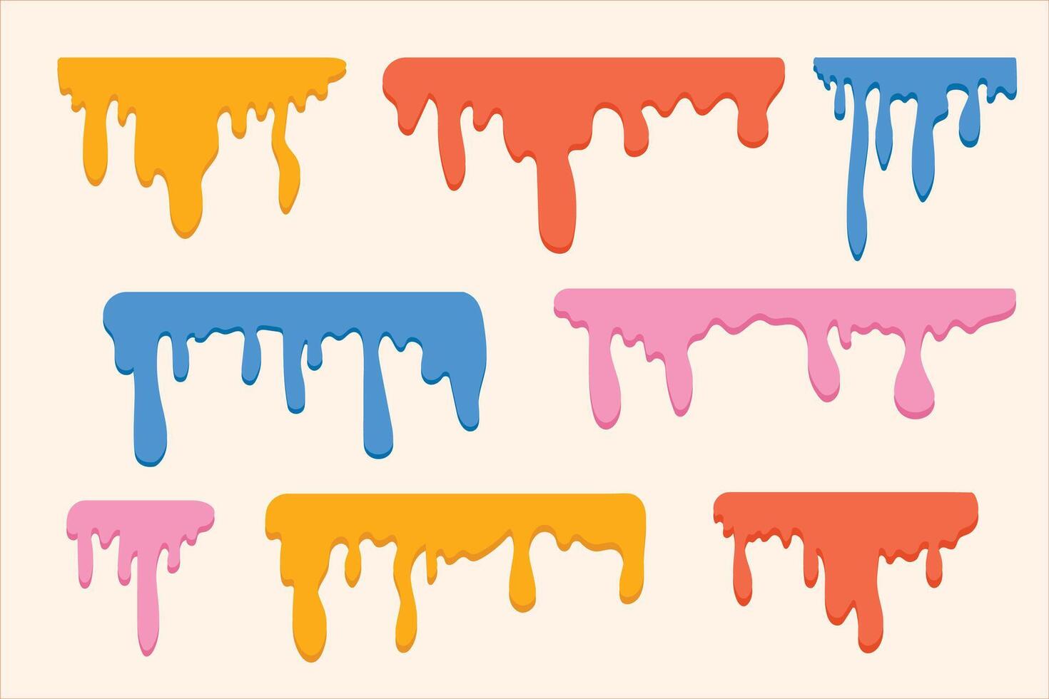 Colorful flowing liquid drips from above. Hand drawn drops of liquid paint on isolated background. vector