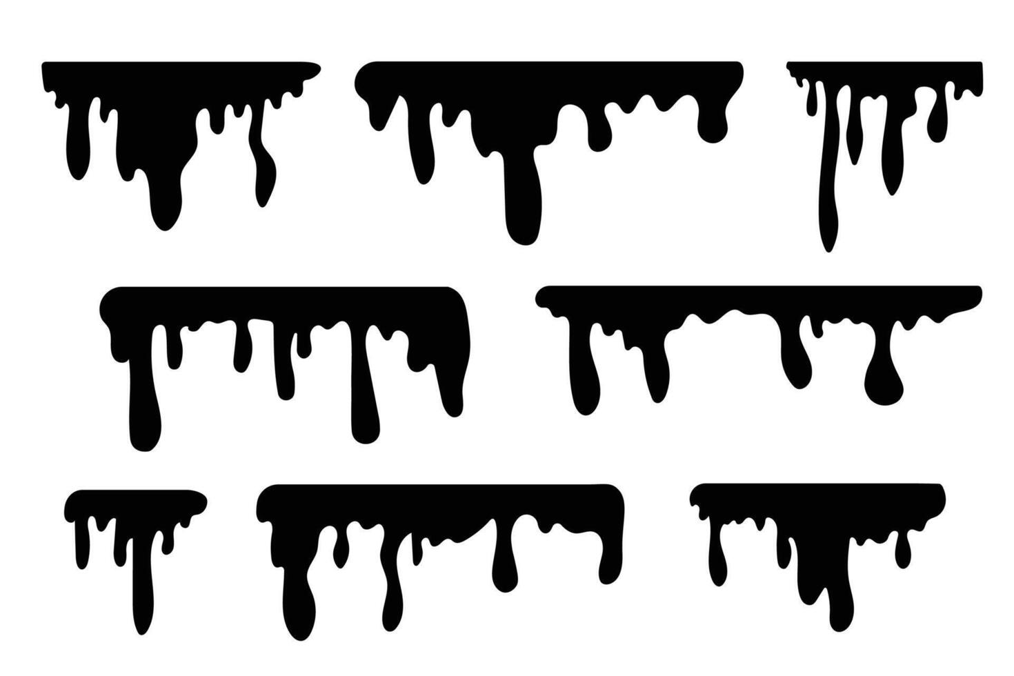 Black dripping oil drawing melt stains drops liquid ink silhouettes background. Silhouette drawn black colorful streaks. Liquid splash explosion and ink stain. vector