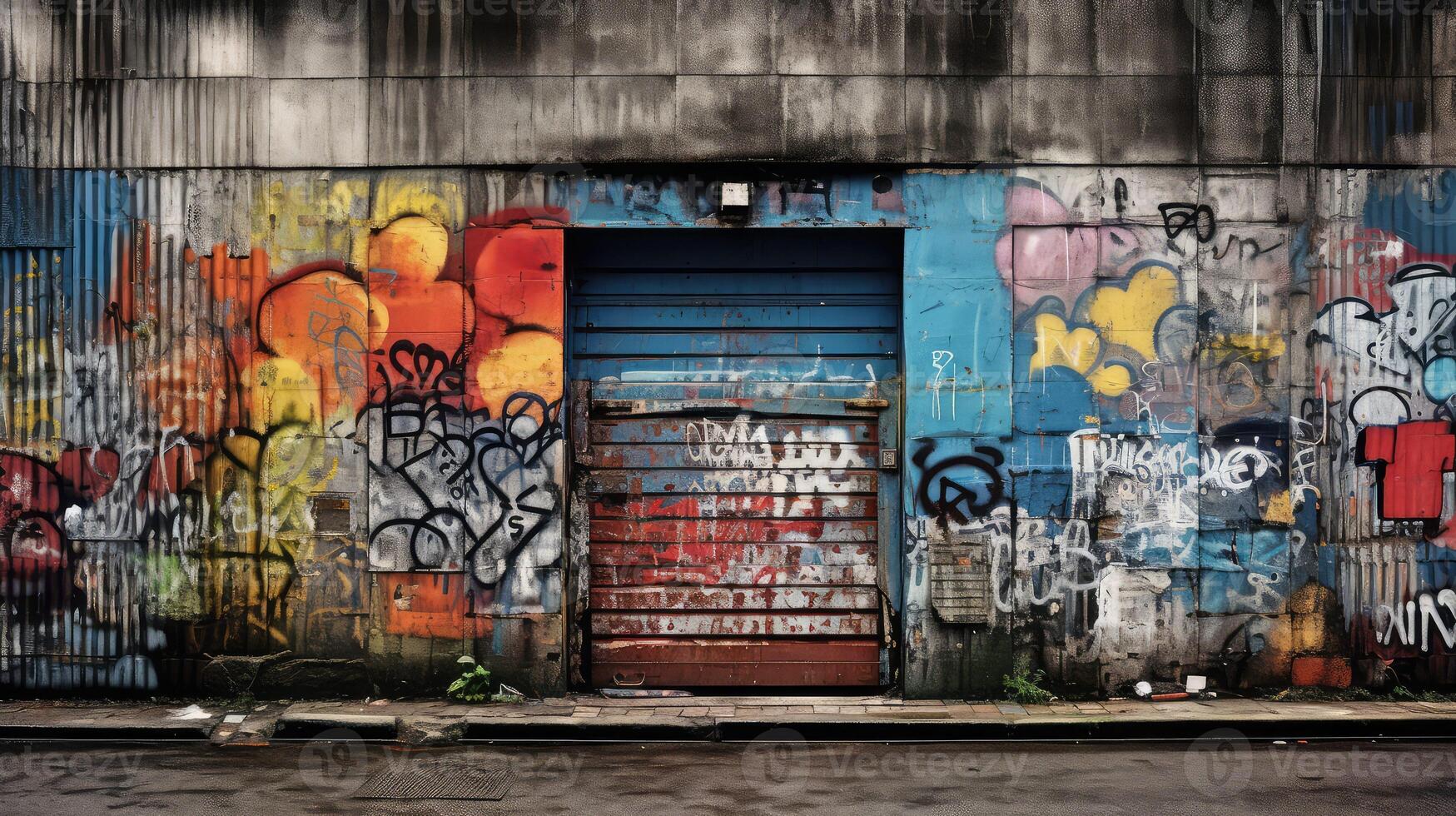 grey block wall with a door photo