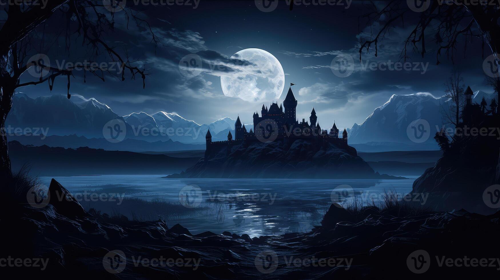 moonlight black castle silhouette photo