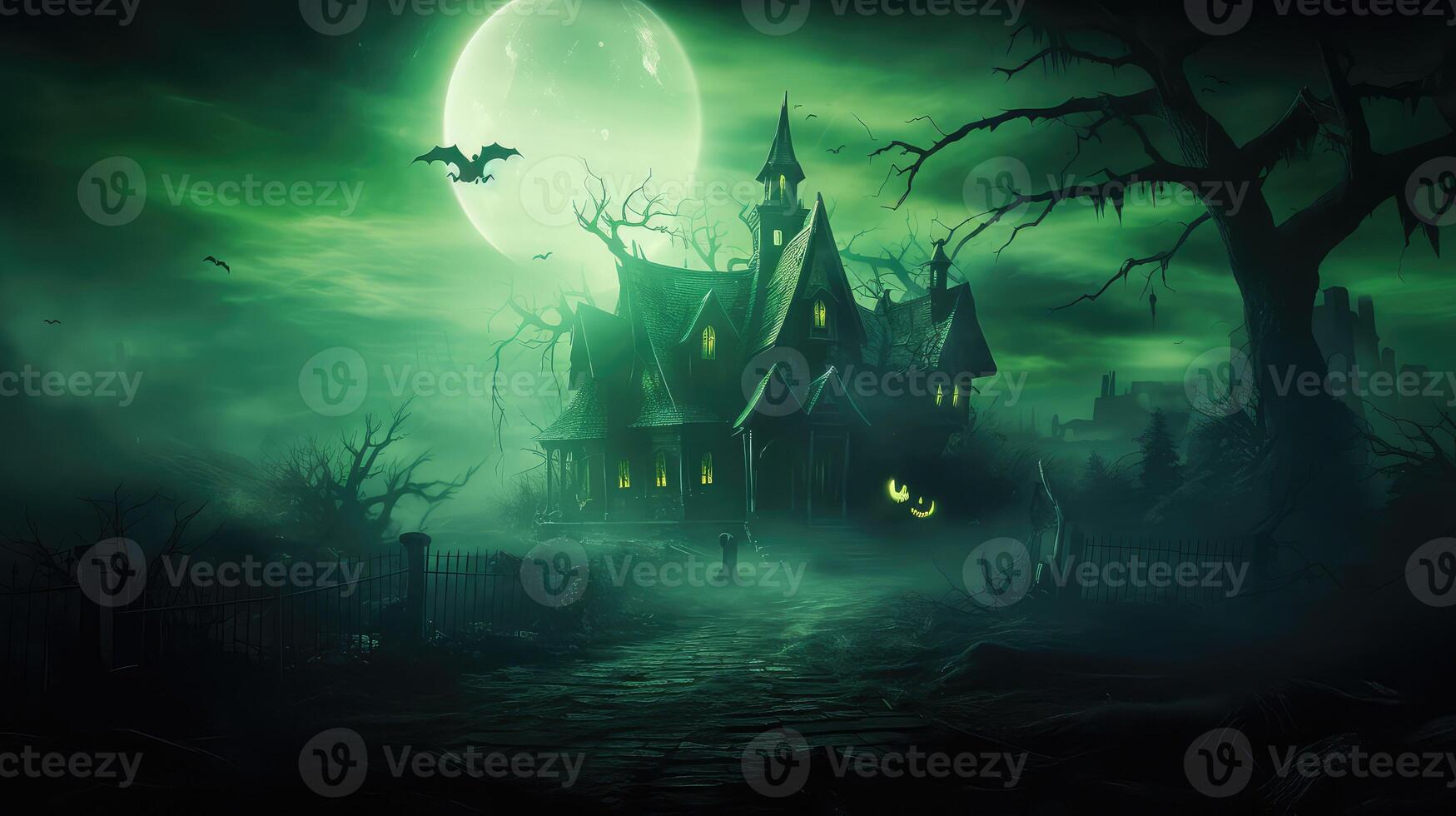 haunted green halloween background photo
