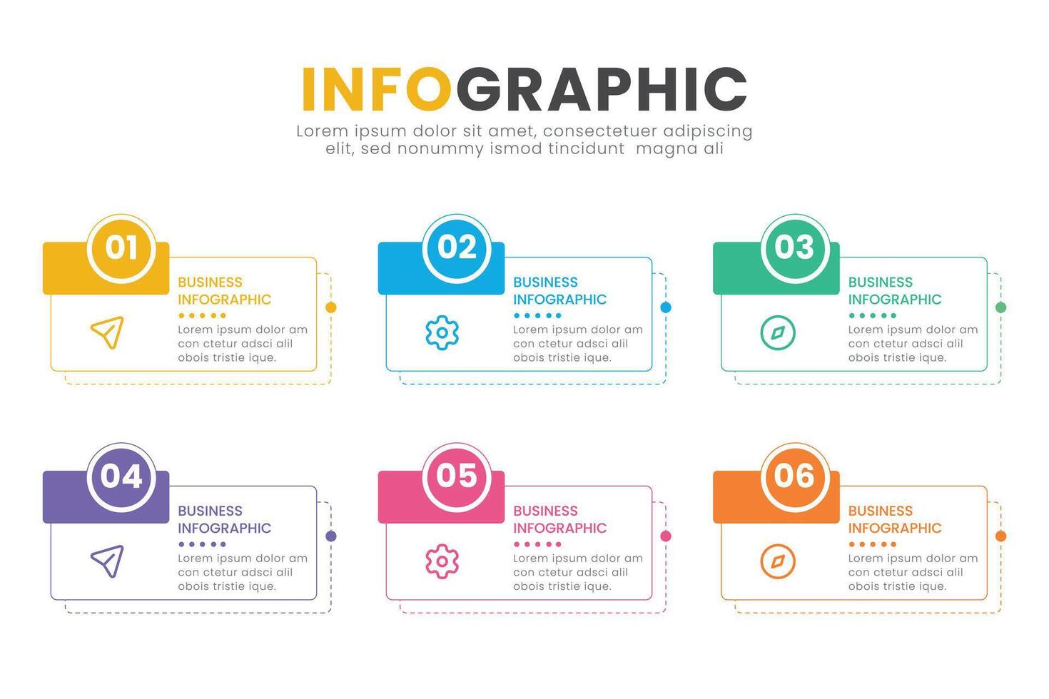 Business infographic design template with icons and 6 options. Can be used for process diagram, presentations, workflow layout, banner, flow chart. vector