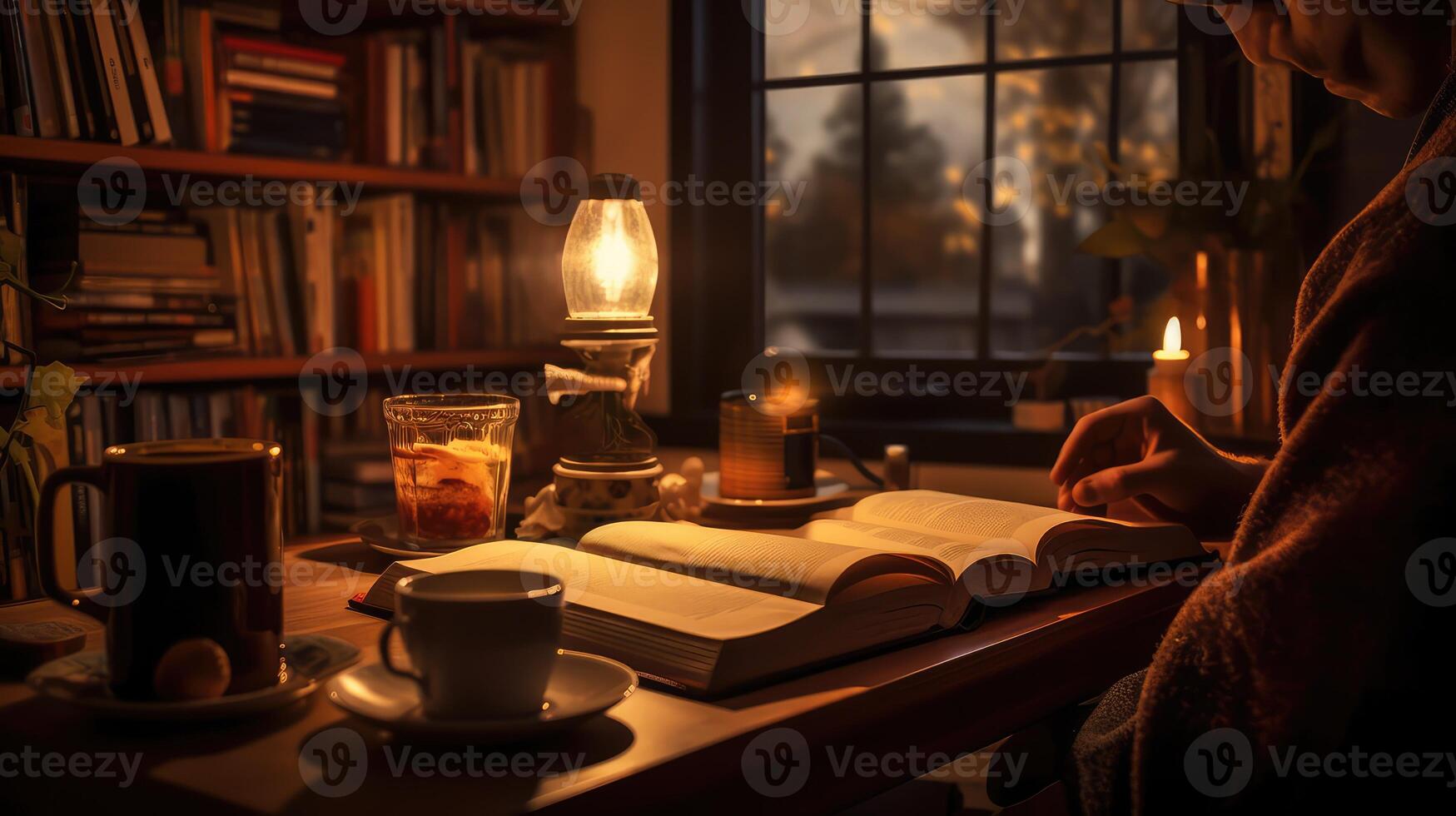 relax drinking coffee at desk photo