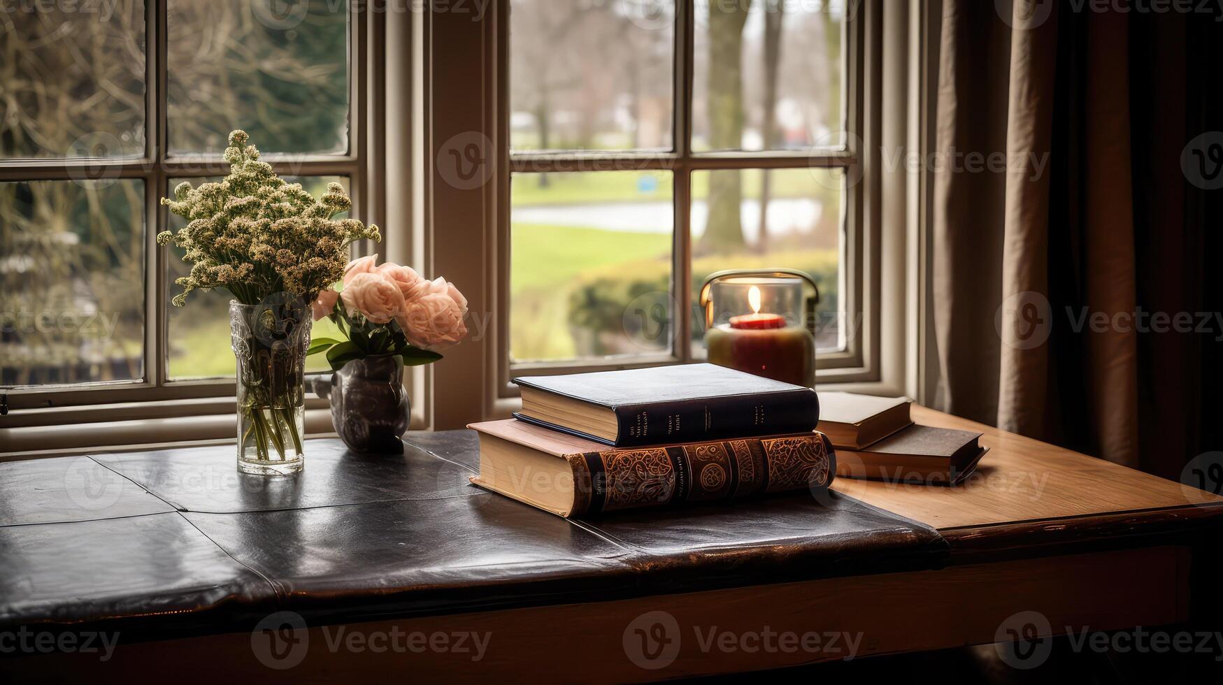 window table with books photo