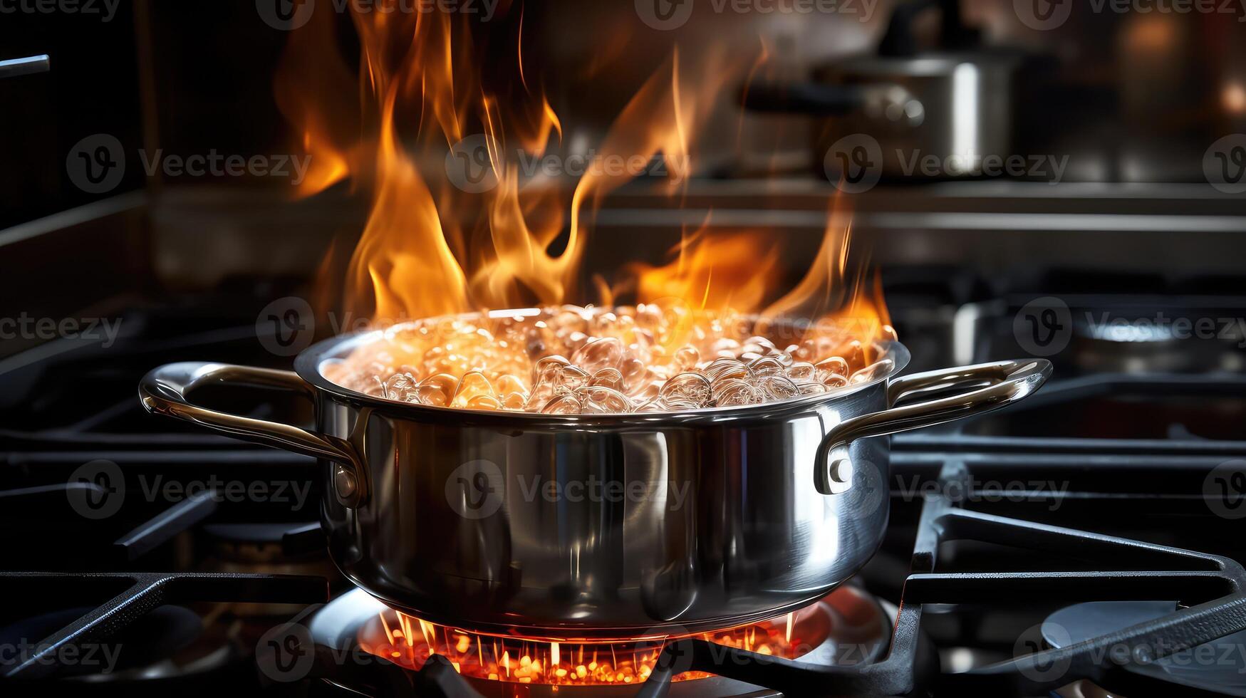 gas boiling water on stove photo