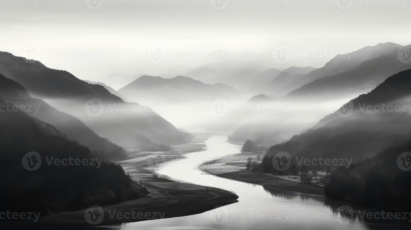 mountains black and white river photo