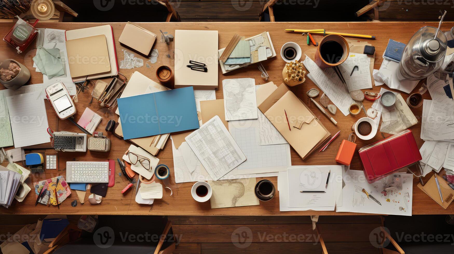 chaotic desk overhead view photo