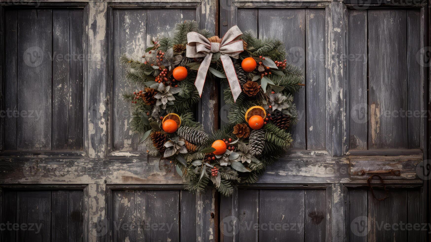 rustic christmas wreath on door photo