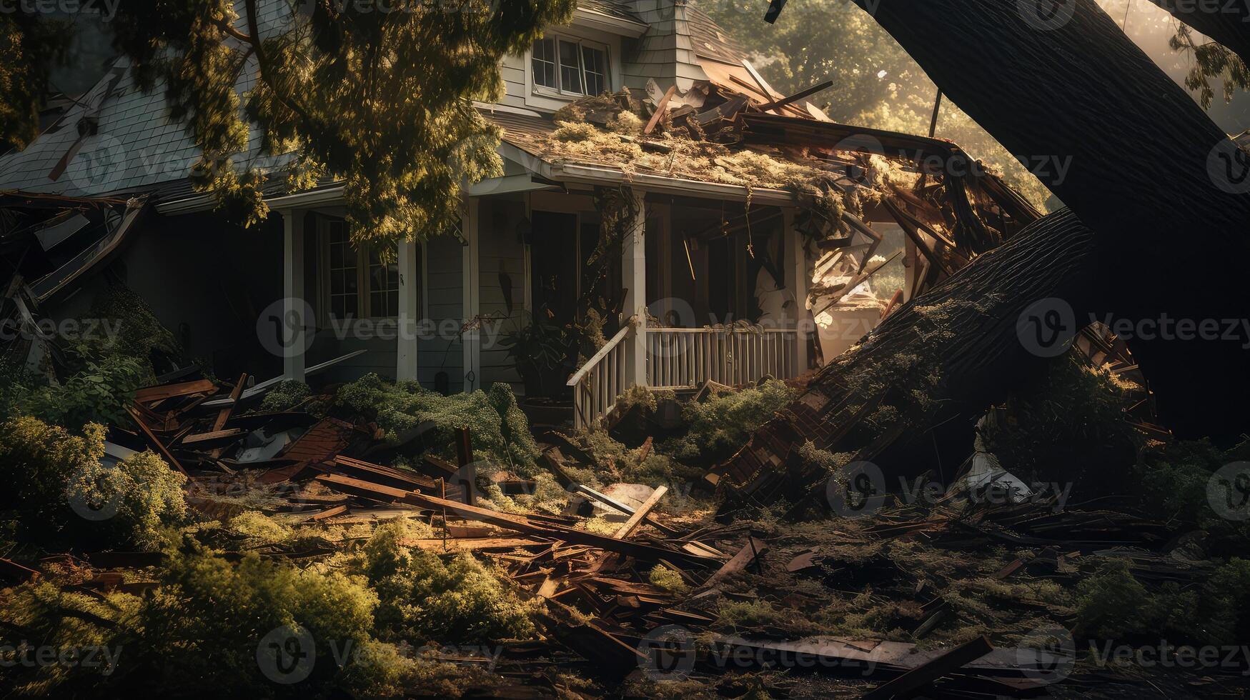 crash damaged house with tree photo