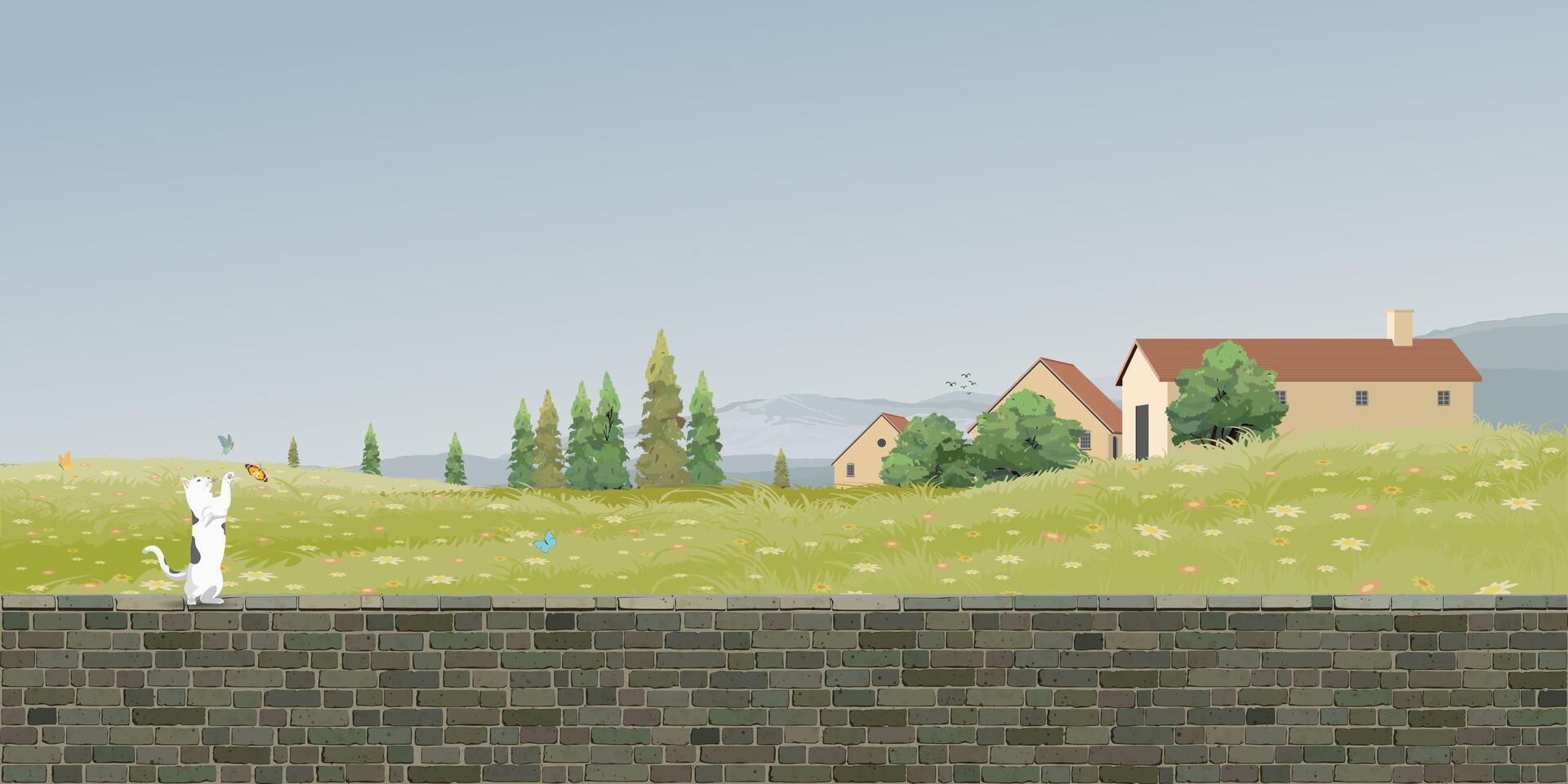 A cat playing with butterfly on old brick wall have small village in colorful flower fields hill and mountain range behind graphic illustration. vector