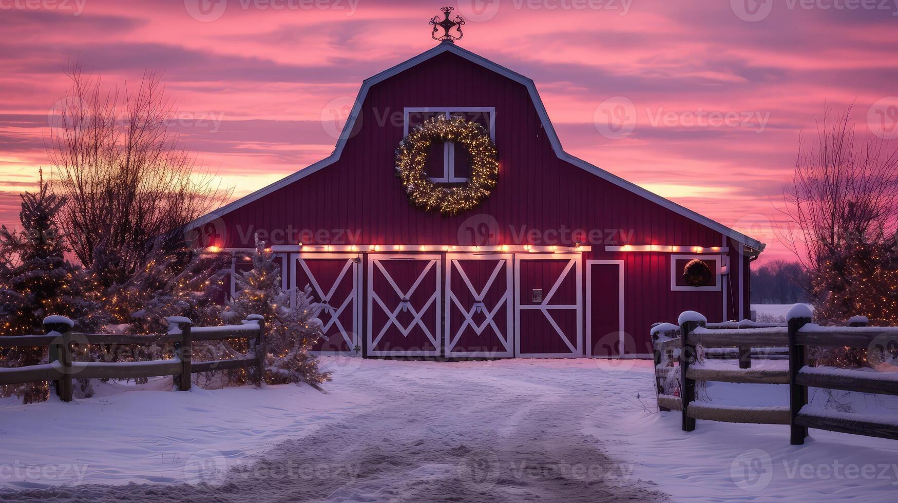purple christmas red barn photo