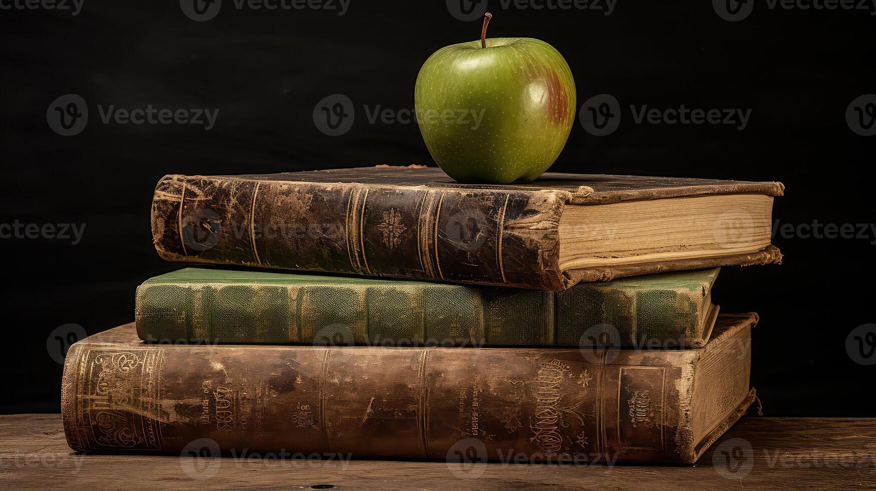 worn stack of books with apple photo