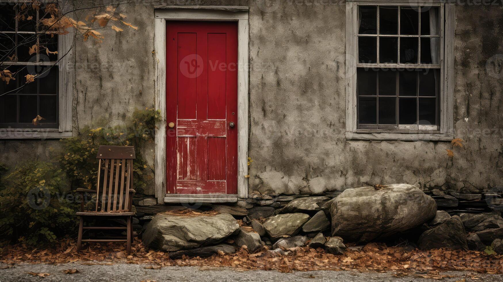 rustic house with red door photo