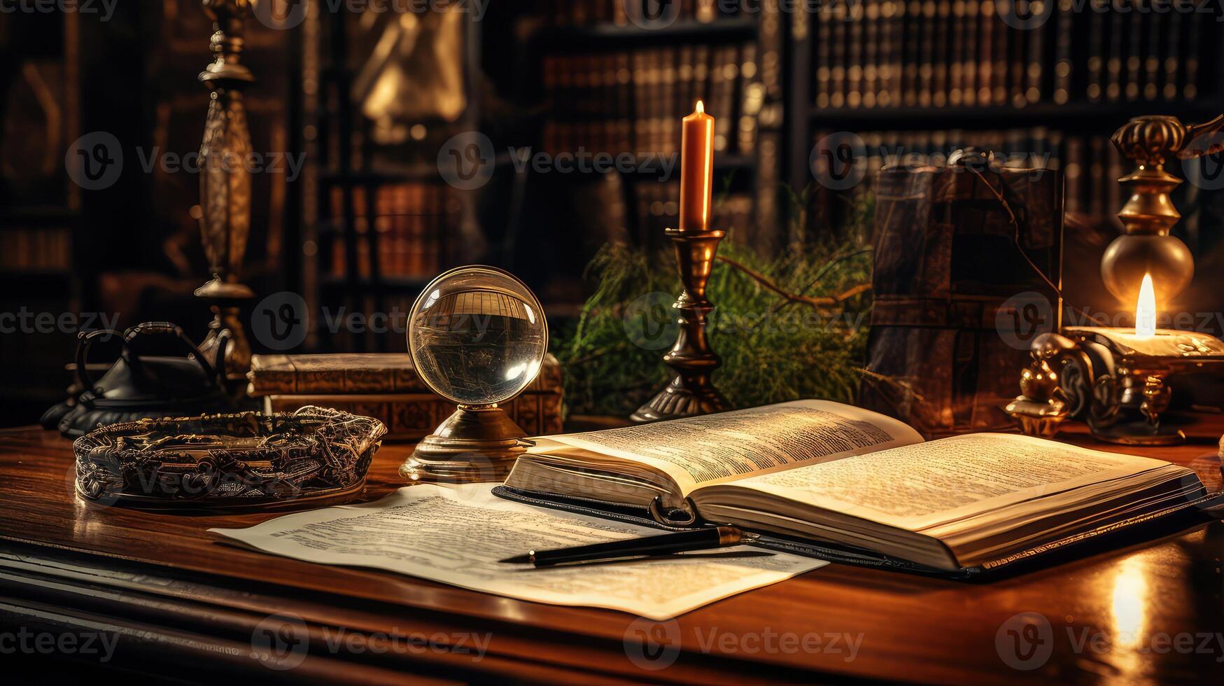 vintage magnifying glass on desk photo