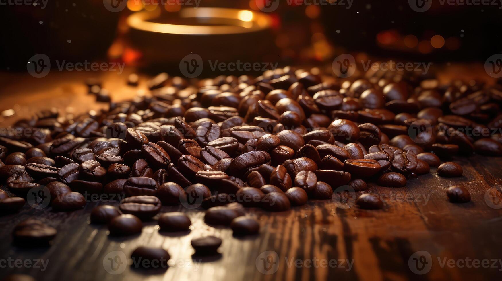 wooden coffee beans spilled on table photo