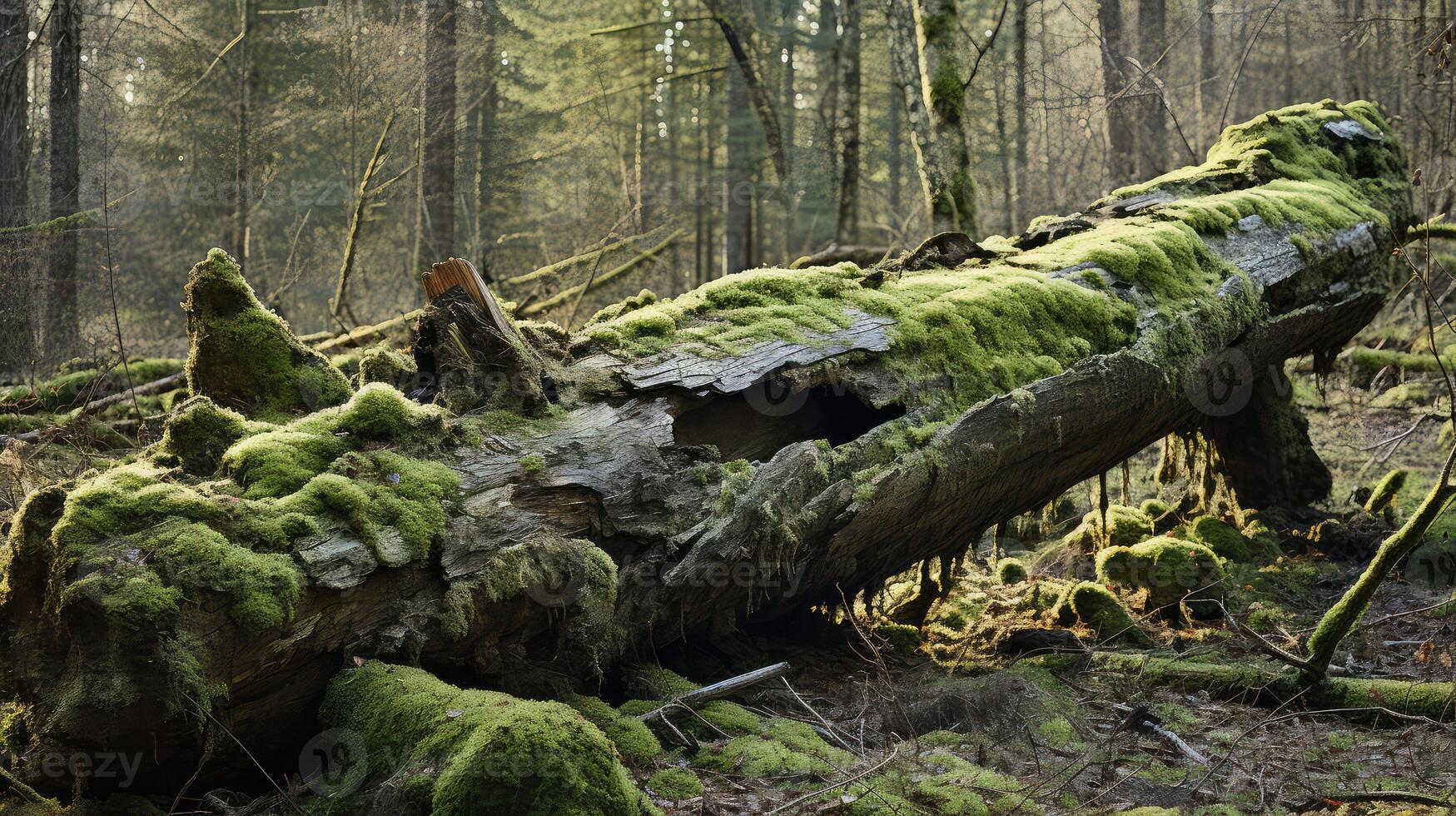 moss tree falling in woods photo