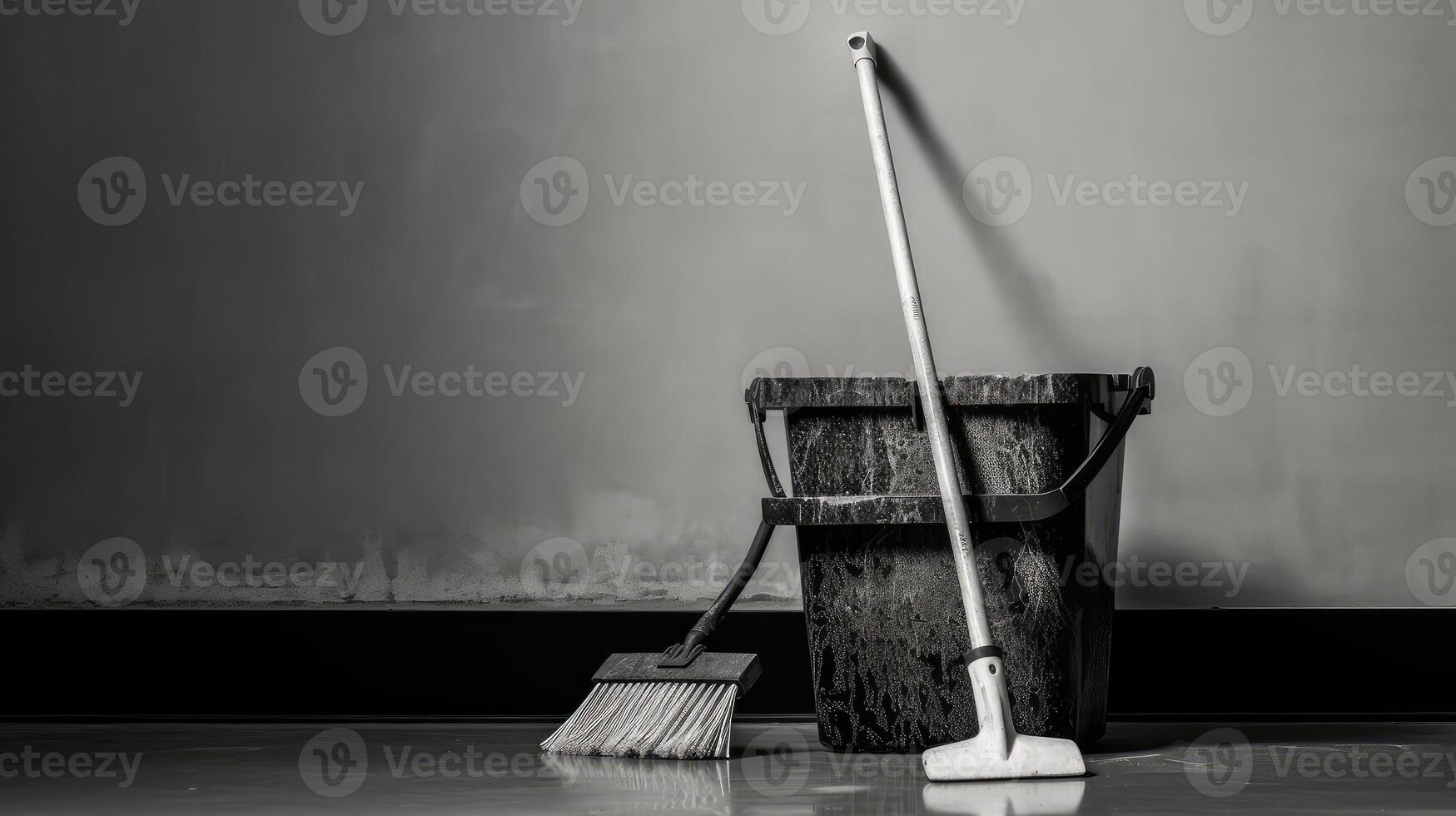 bucket mop black and white photo