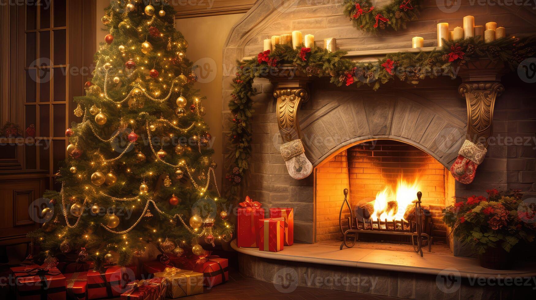lights christmas tree by fireplace photo