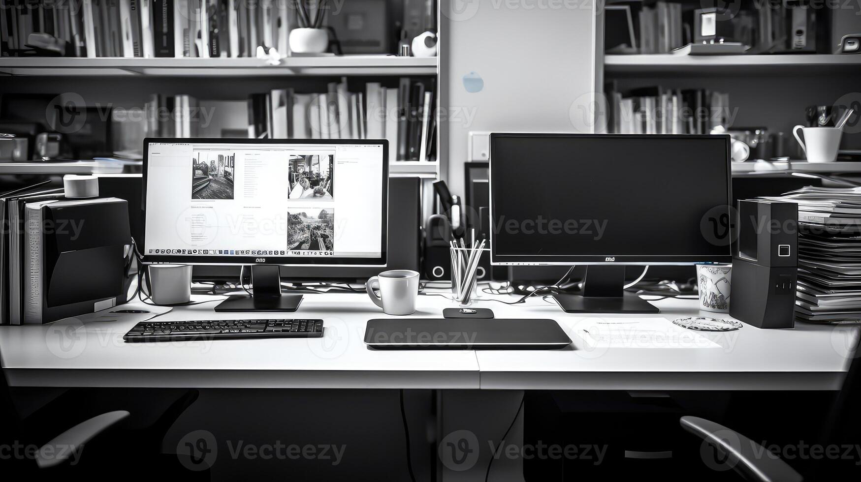 monitors office desk with computer photo