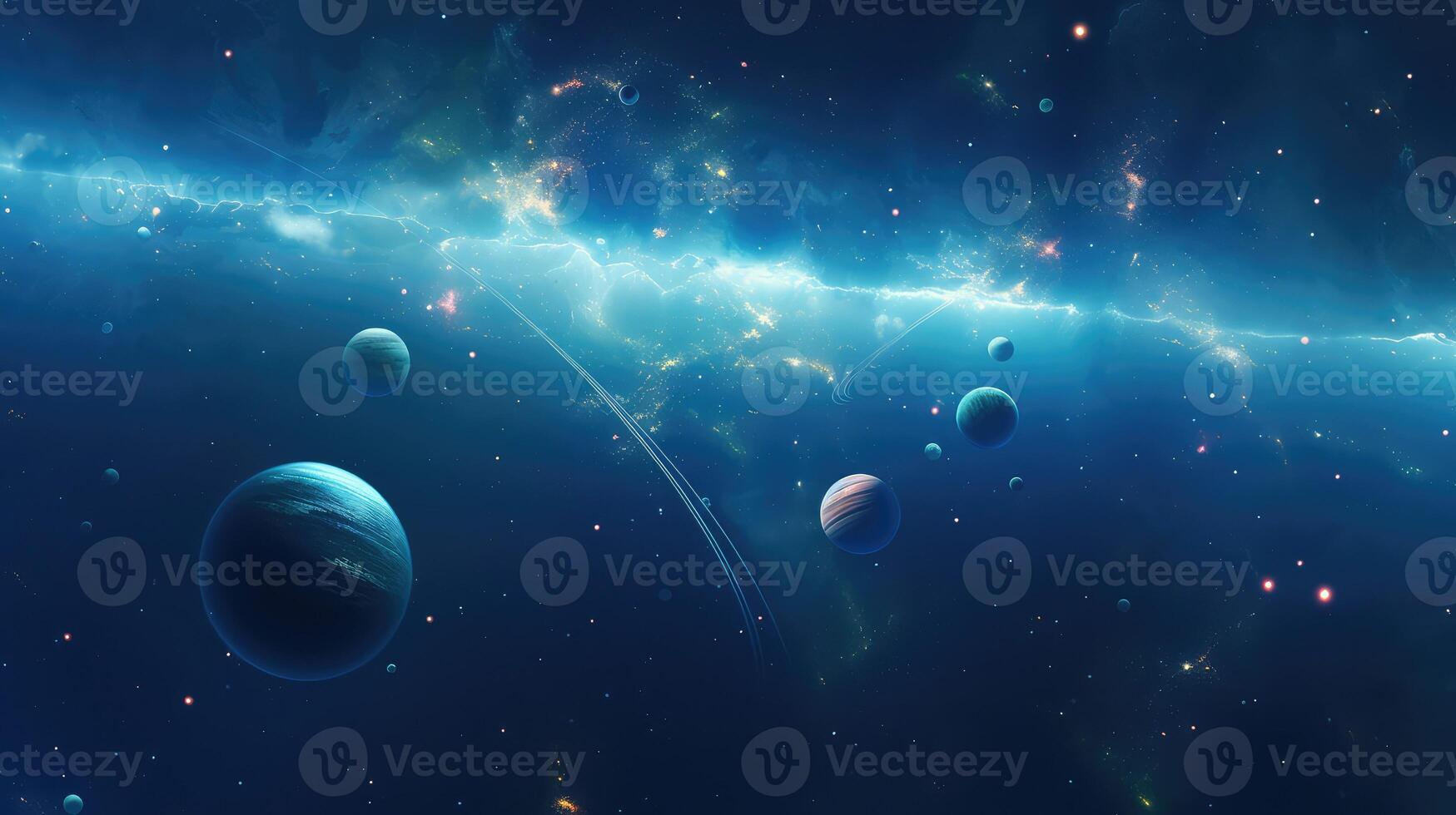 view blue space background with planets photo