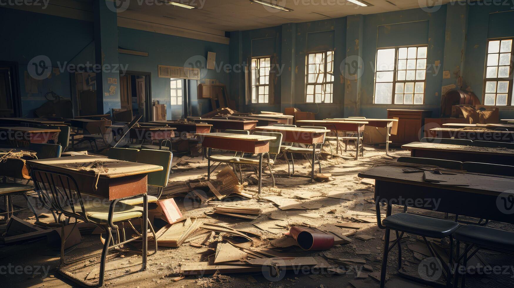 haphazardly empty classroom with desks photo