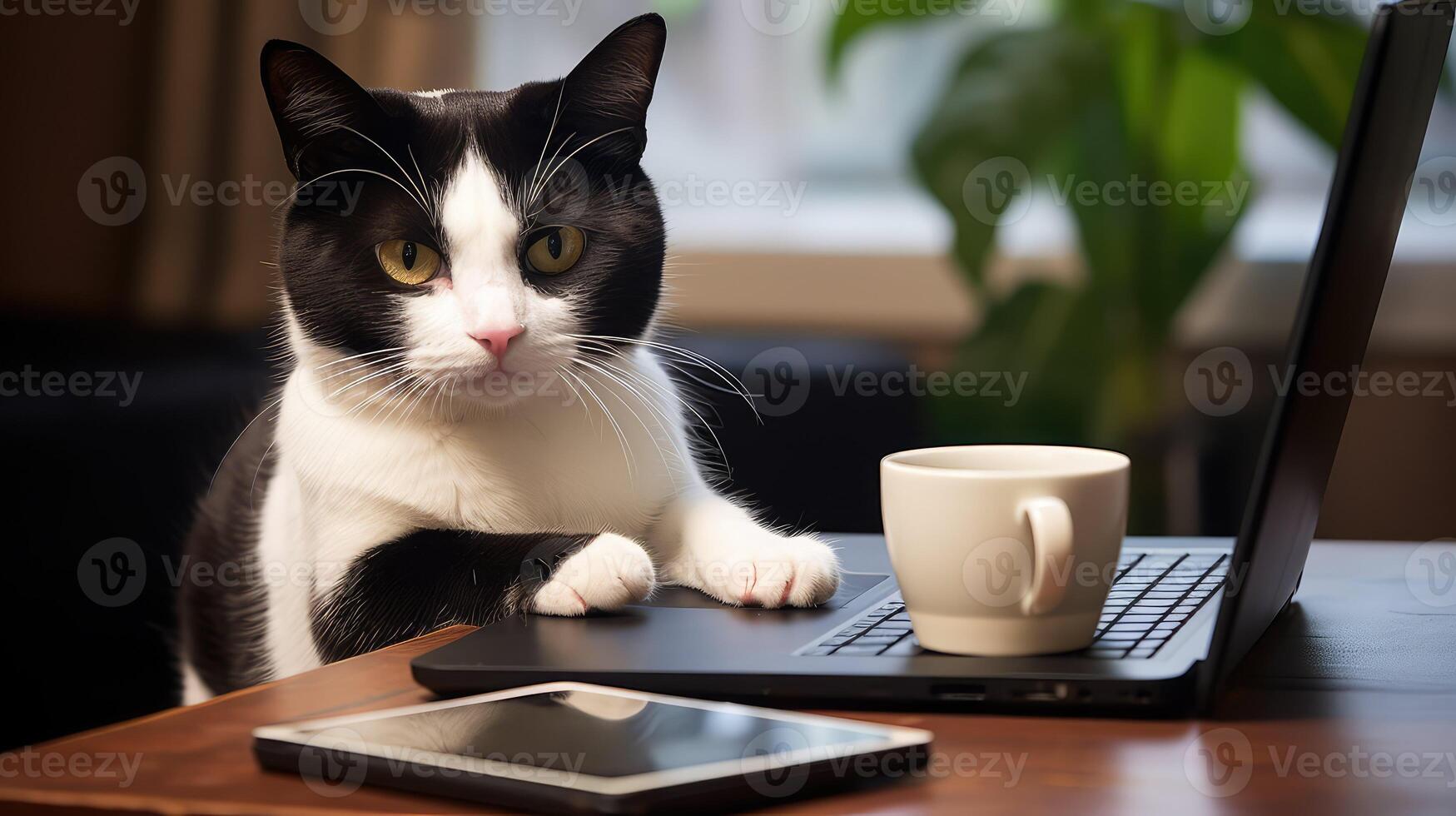 coffee cat at desk photo