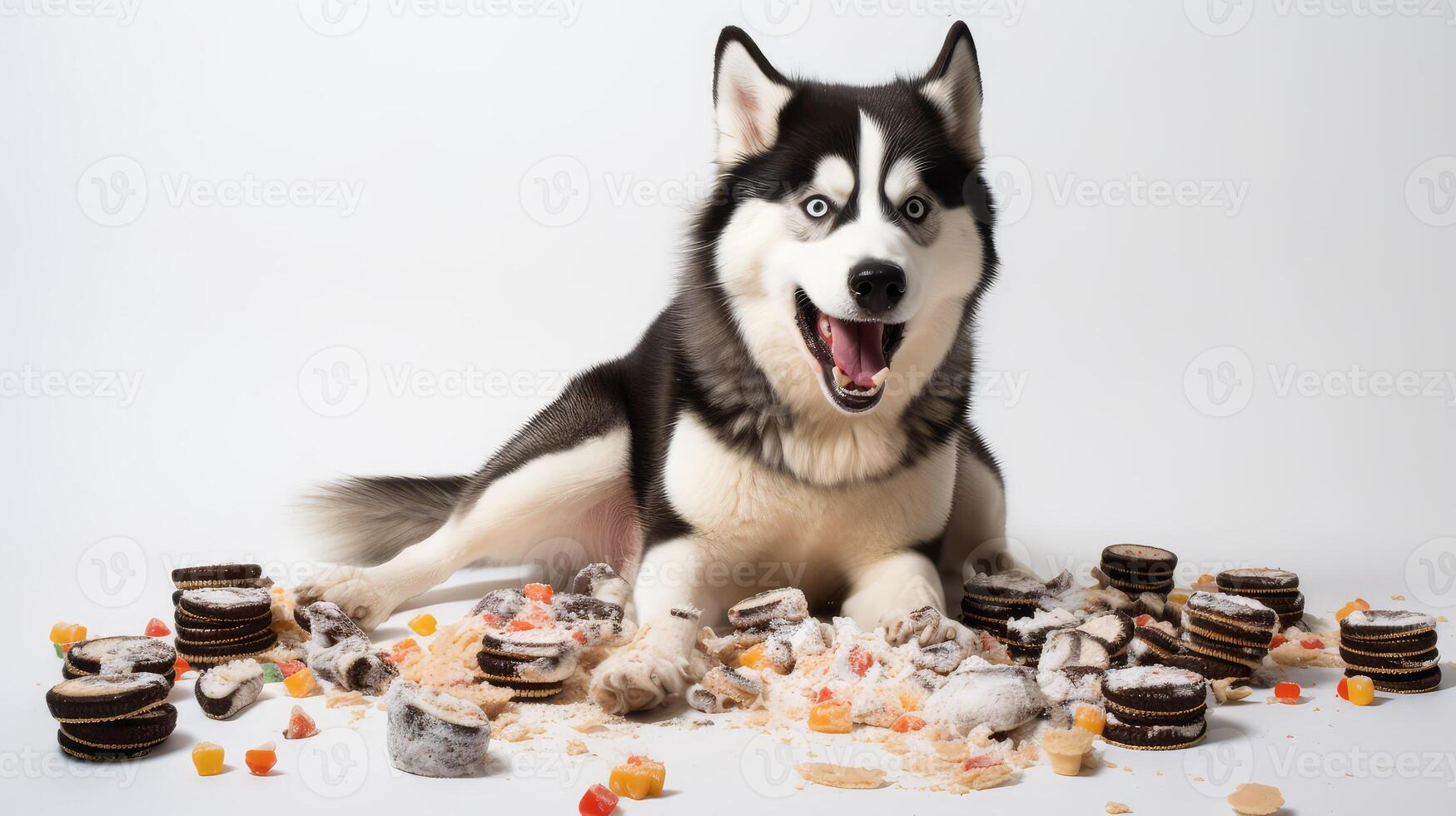 treats dog eating white background photo
