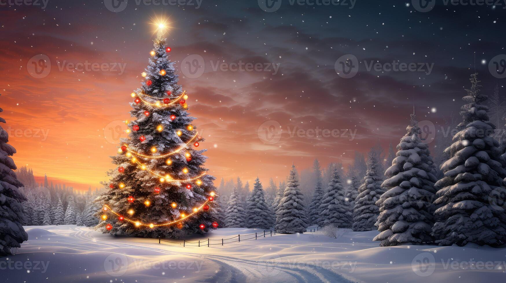 snowy christmas tree in forest photo