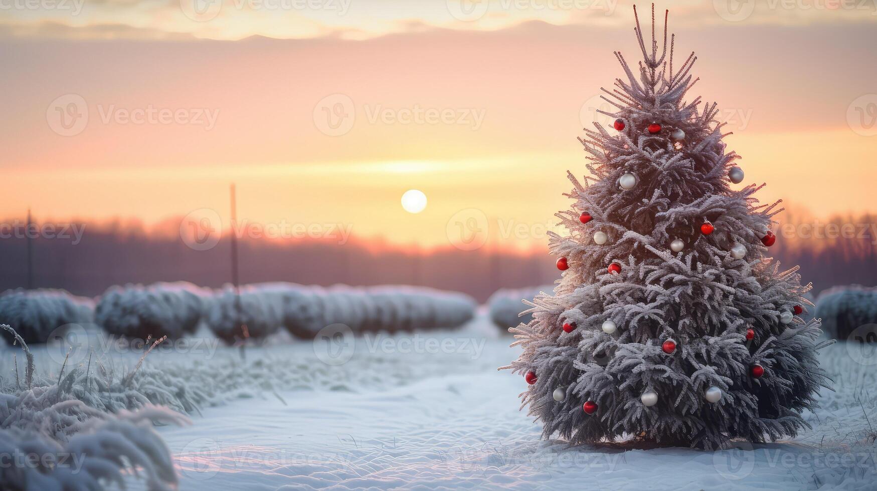 festive christmas tree farm with snow photo