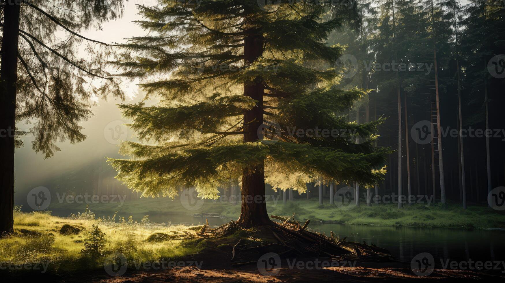 sunlight pine tree in a forrest photo