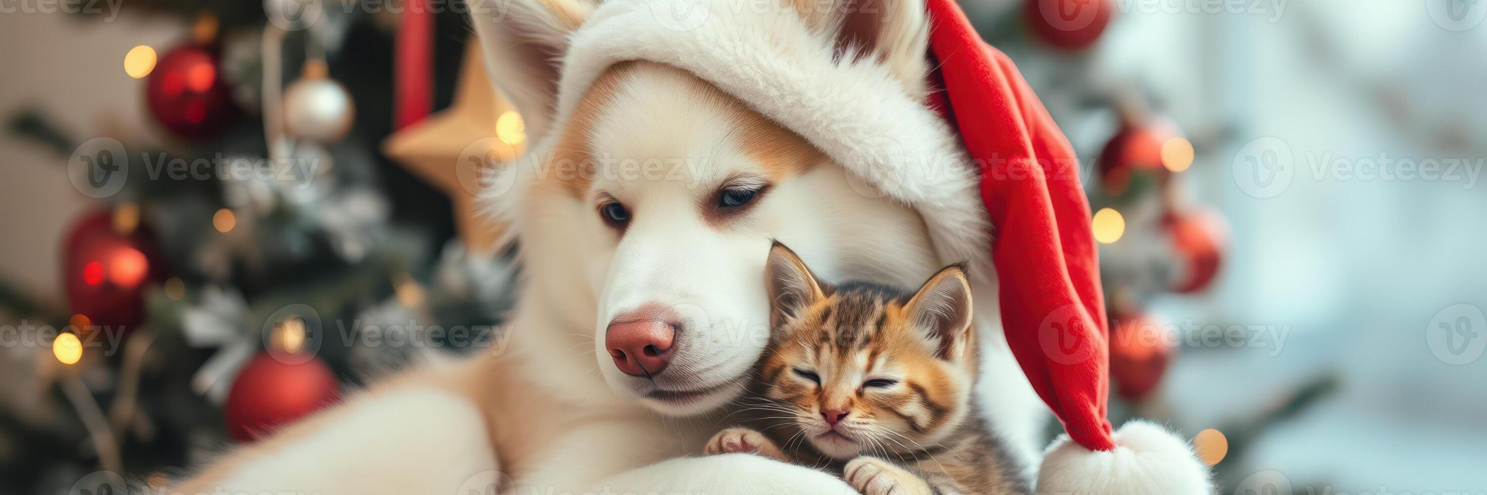 Festive gathering of a dog and a kitten in holiday attire near a decorated Christmas tree photo