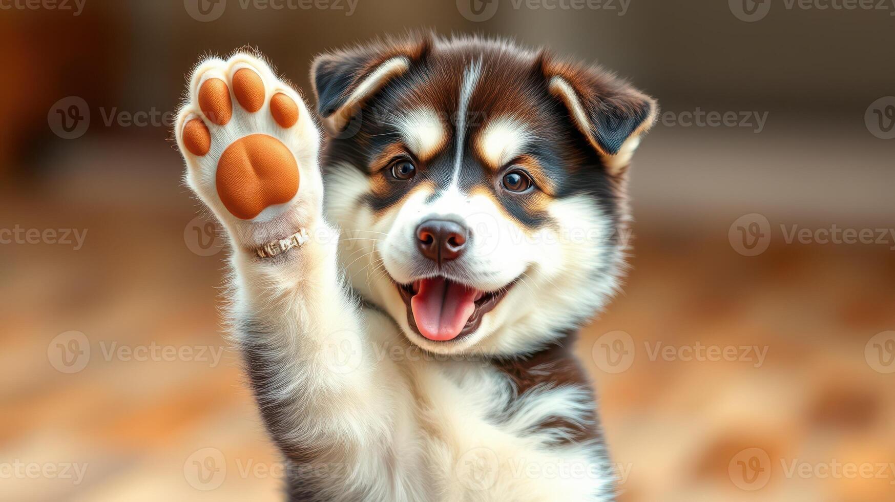 Happy puppy waving its paw with a joyful expression in a cozy indoor setting photo