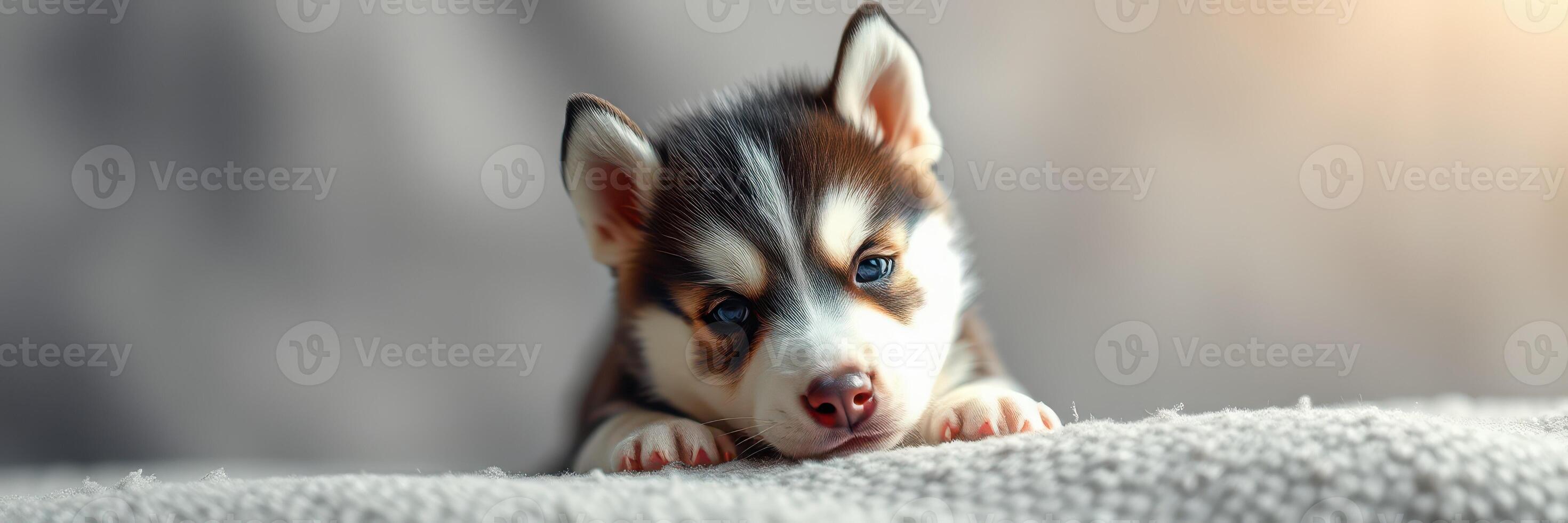 Curious husky puppy resting on soft blanket with warm light in cozy indoor space photo