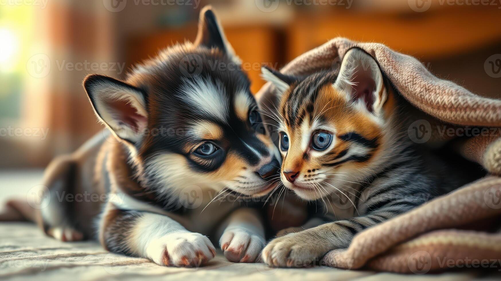 Cute puppy and kitten cuddling together on a soft blanket indoors during the afternoon light photo
