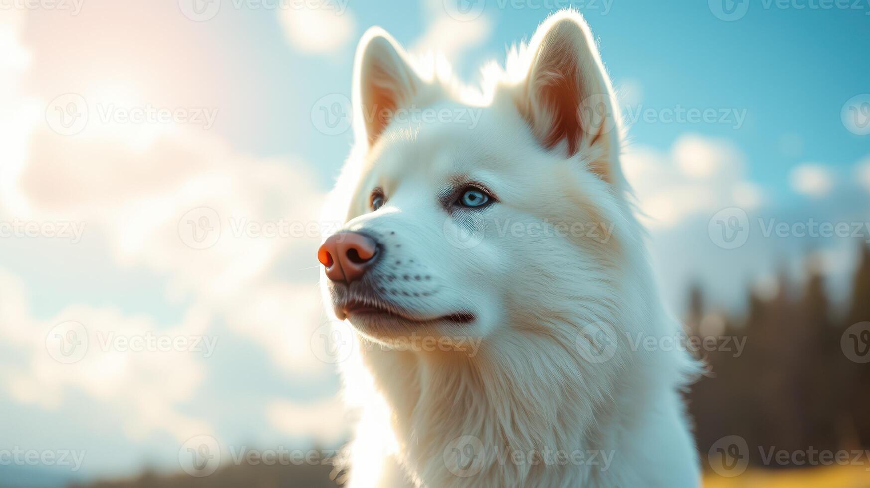 Beautiful white dog gazes at the horizon in a serene natural setting during golden hour photo