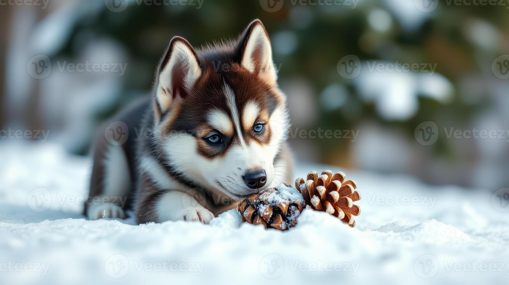 Playful husky puppy enjoys chewing on a pine cone while lounging in freshly fallen snow on a winter day photo