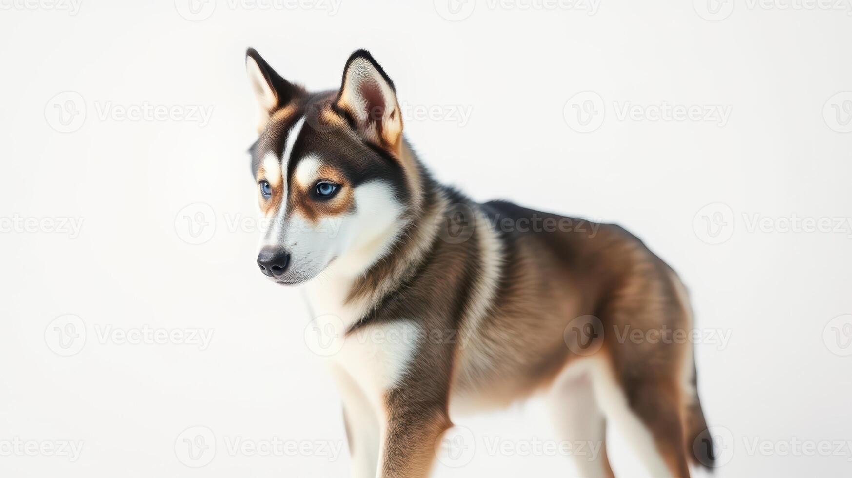 Siberian husky standing gracefully on a light background during a studio session in the afternoon photo
