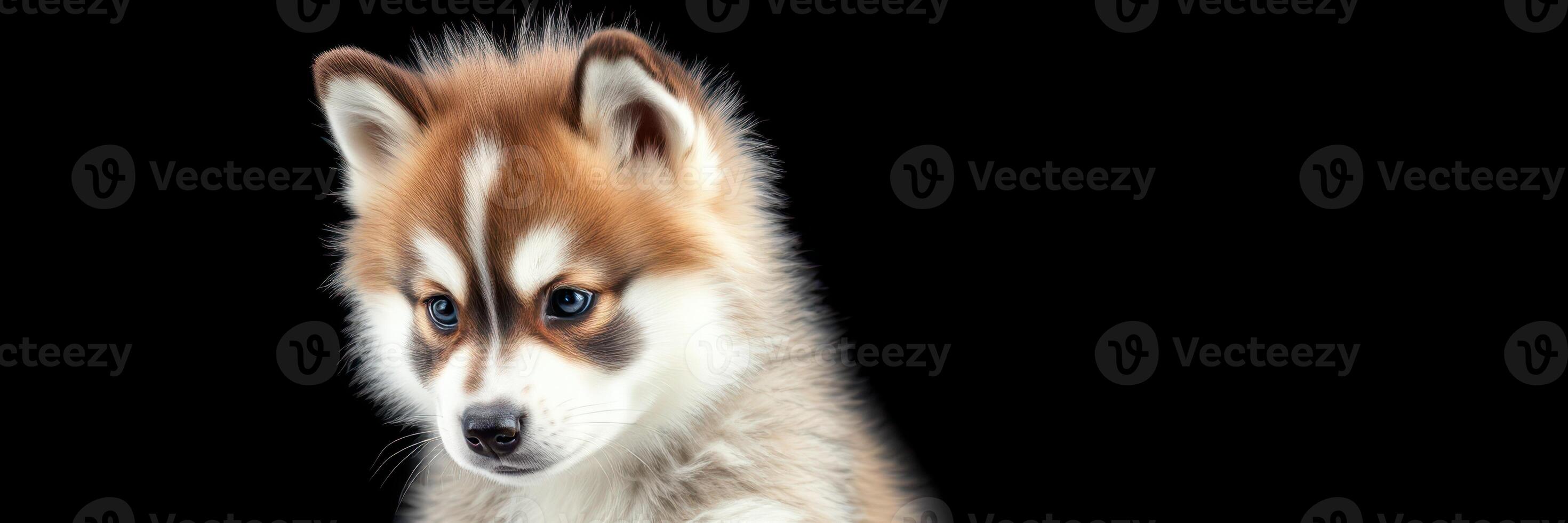 Fluffy dog with striking facial markings posing against a dark background in a studio setting photo