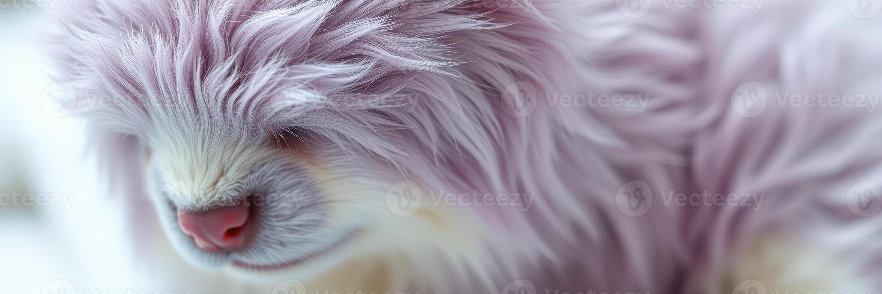 Cute fluffy pet with soft purple fur relaxing in a cozy indoor space during the early morning photo