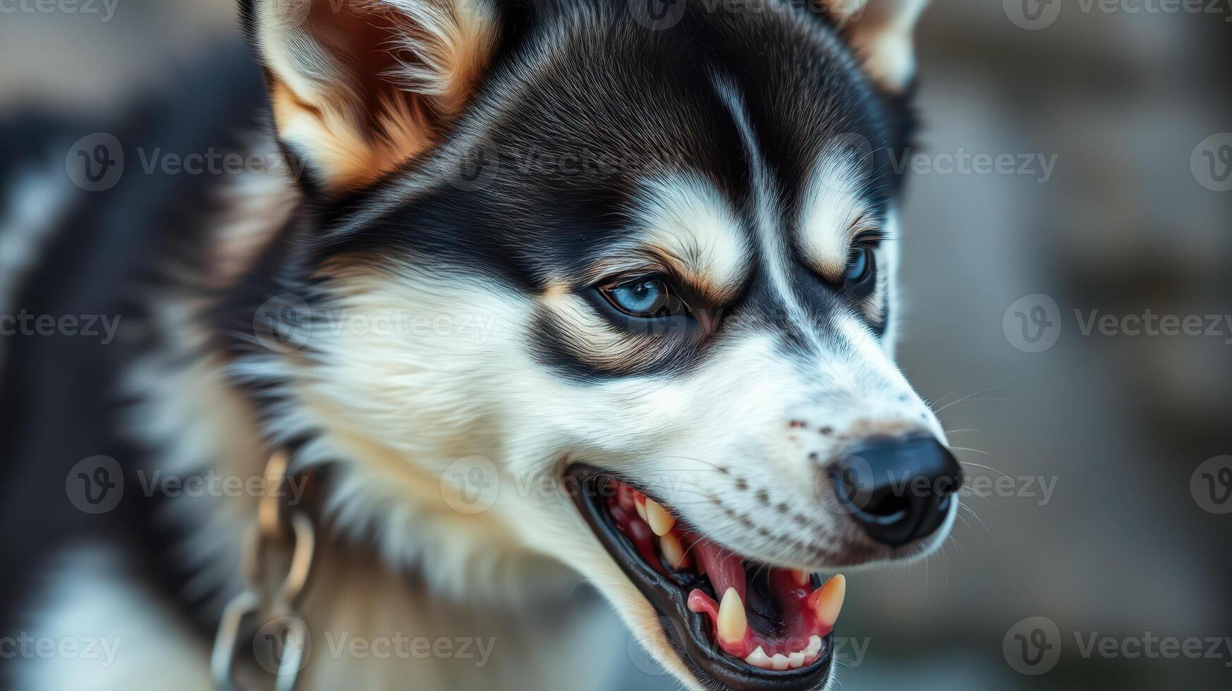 Close-up of a husky dog with striking blue eyes displaying a playful expression in an outdoor setting during daytime photo