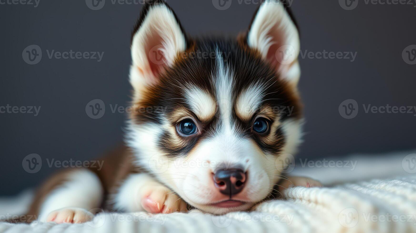 Playful husky puppy relaxing indoors, showcasing its striking fur and expressive eyes while lying on a soft blanket photo