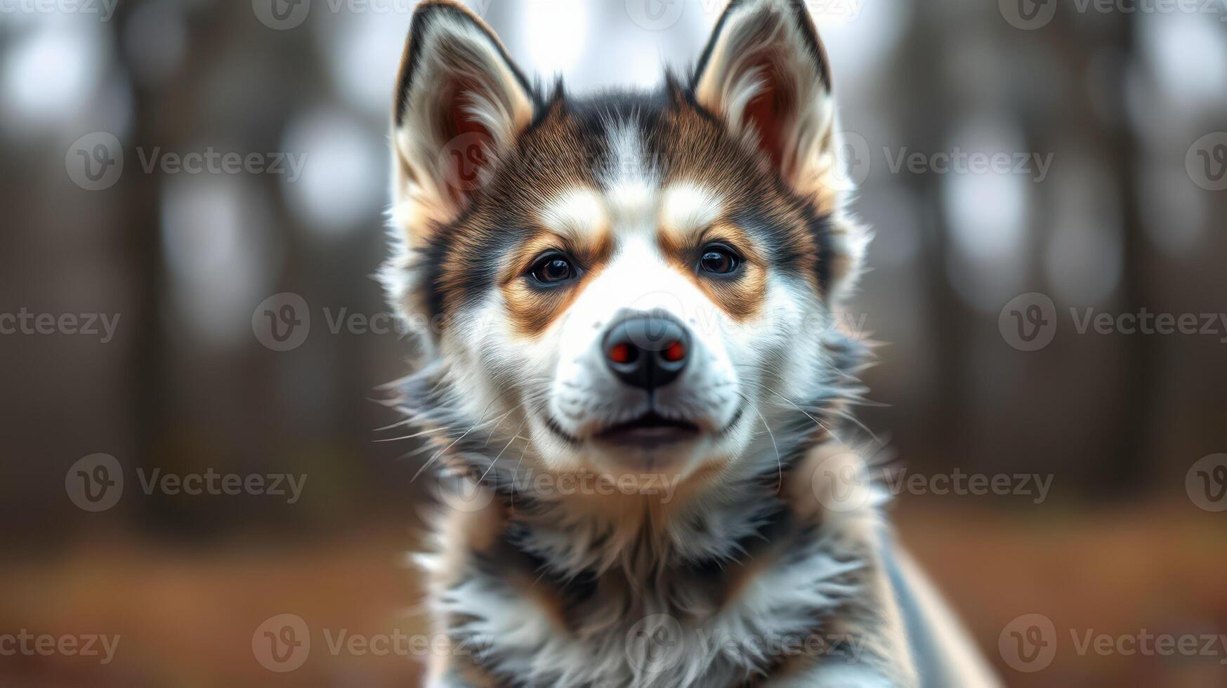 Siberian husky sitting calmly in a forest during a misty autumn morning photo