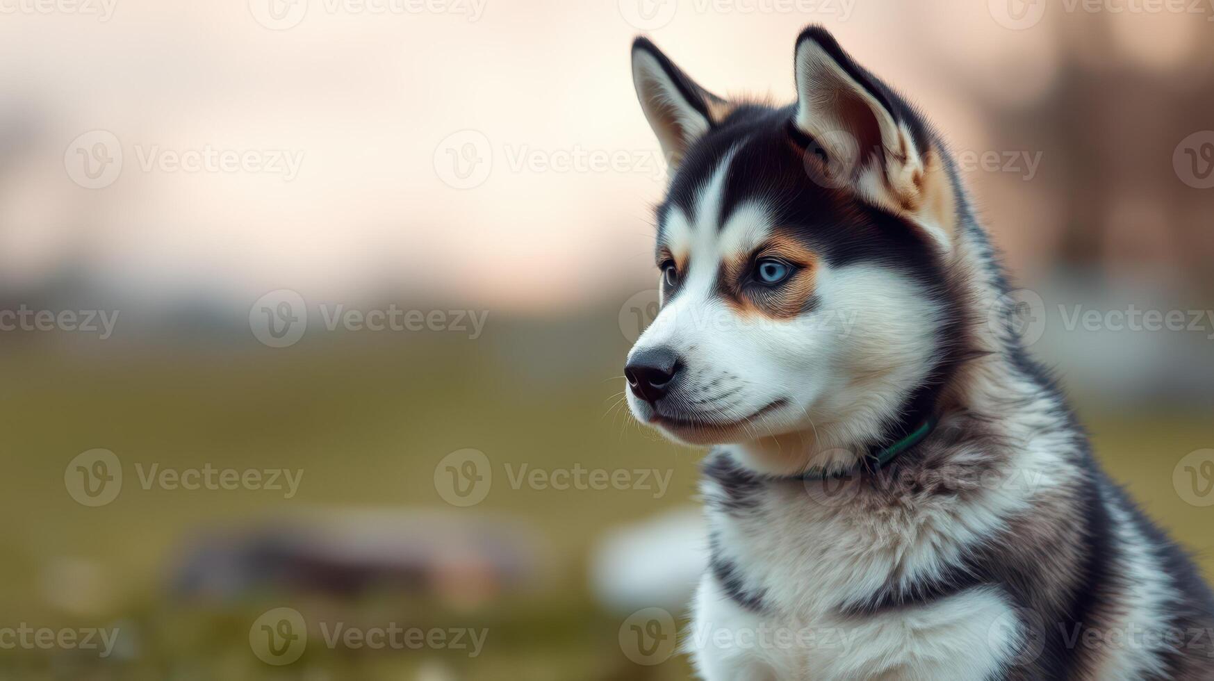 Siberian husky puppy sitting on grass during sunset in a park photo