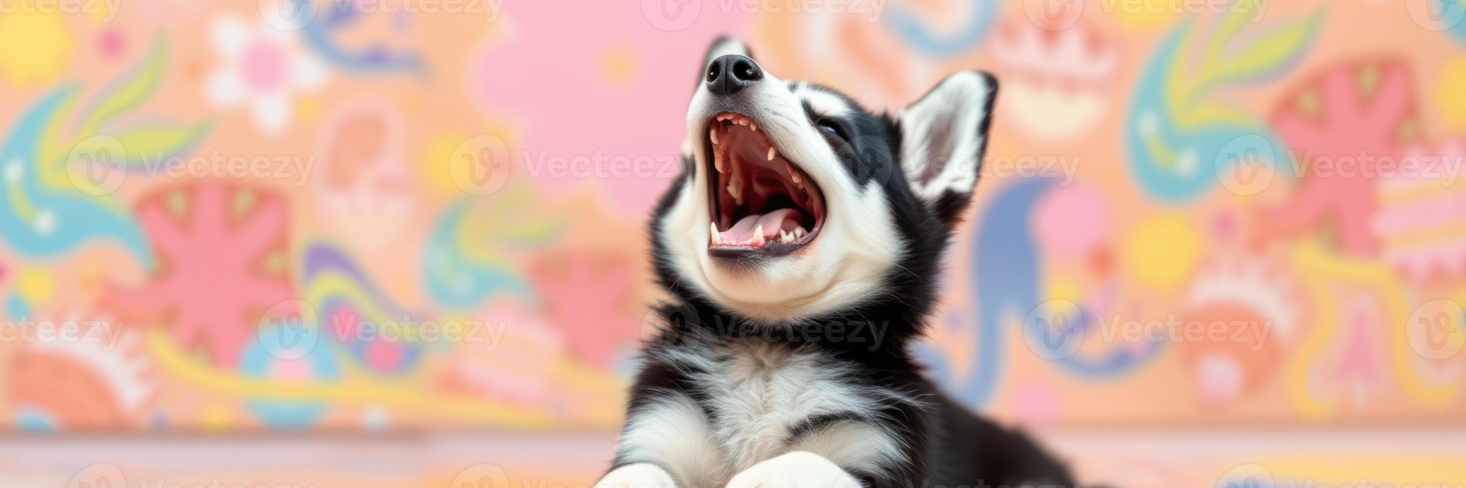Happy husky puppy yawning in a colorful room with vibrant patterns and playful decor photo
