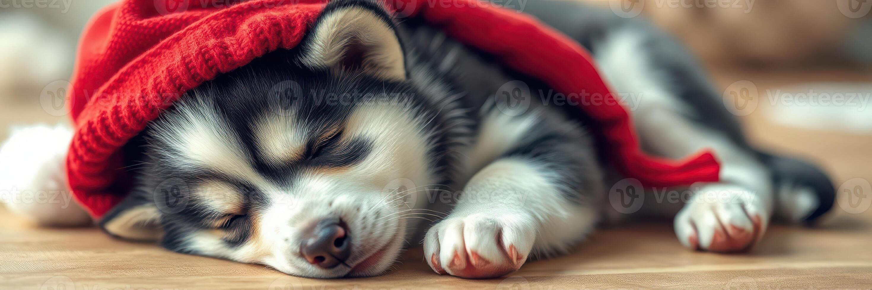 Siberian husky puppy takes a nap on a wooden floor while wrapped in a cozy red blanket during the afternoon photo