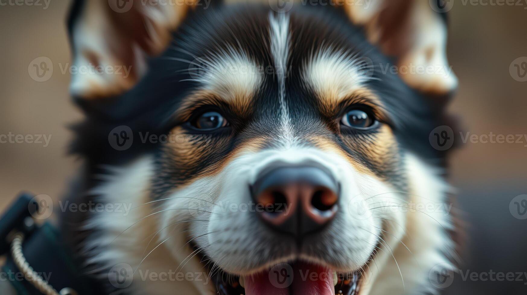 Happy dog smiles joyfully while sitting outdoors in natural surroundings during a sunny day photo