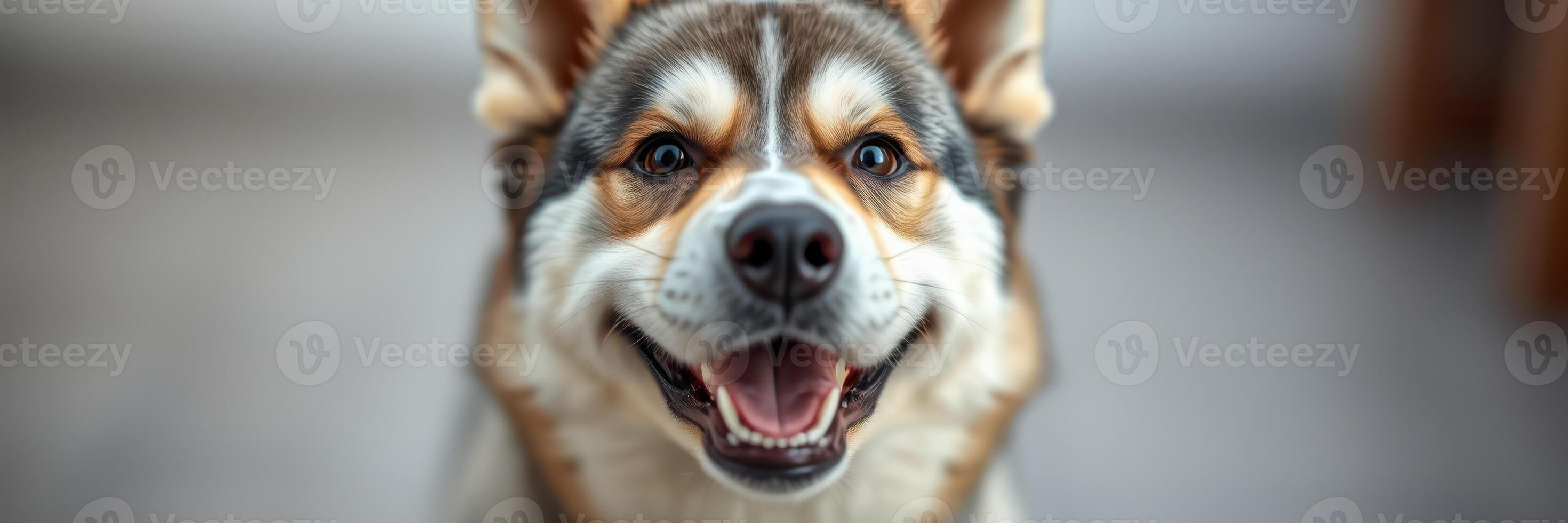 Happy dog with a cheerful expression sitting indoors, enjoying a moment of relaxation and companionship during the day photo