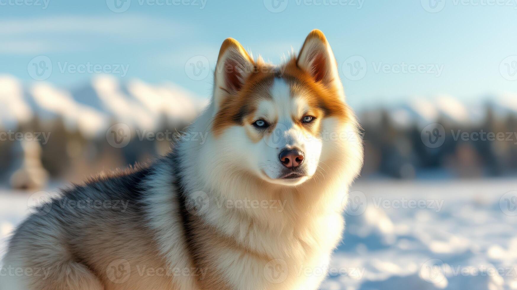 Husky dog sits in snowy landscape with mountains in the background under bright blue sky photo