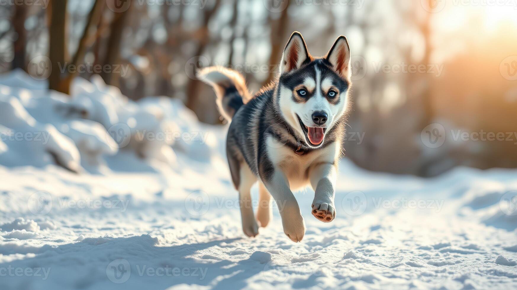 Husky running joyfully through snow-covered forest at sunset near tranquil winter landscape photo